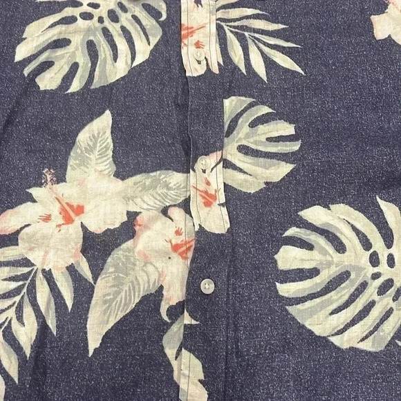 [2XL]Black Brown 1826 100 Linen Palm Leaves Blue Button Down S/S  Shirt - Picture 3 of 6